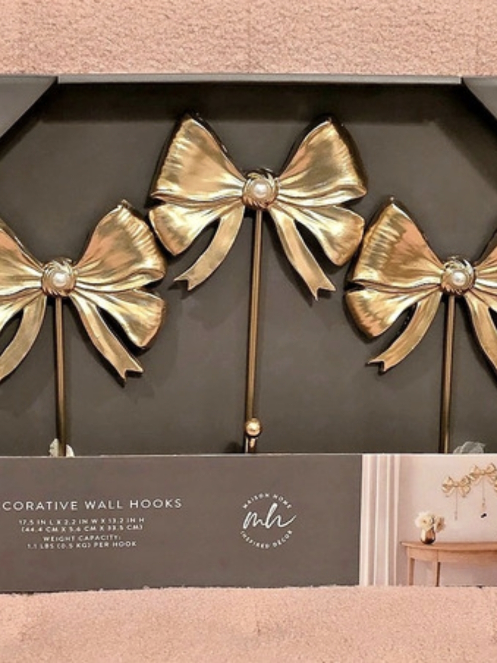 Madison Home Decorative Wall Hooks Gold Bow Set of 3 NWT